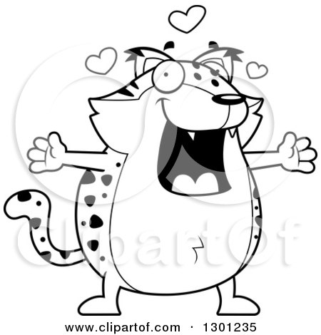 Outline Clipart of a Cartoon Black and White Loving Chubby Bobcat Character with Open Arms and Hearts - Royalty Free Lineart Vector Illustration by Cory Thoman