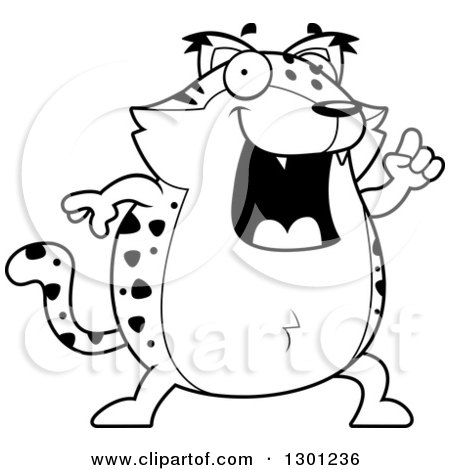 Outline Clipart of a Cartoon Black and White Smart Chubby Bobcat Character with an Idea - Royalty Free Lineart Vector Illustration by Cory Thoman