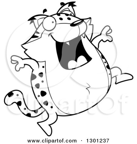 Outline Clipart of a Cartoon Black and White Happy Chubby Bobcat Character Jumping - Royalty Free Lineart Vector Illustration by Cory Thoman