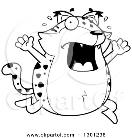Outline Clipart of a Cartoon Black and White Scared Chubby Bobcat Character Running and Screaming - Royalty Free Lineart Vector Illustration by Cory Thoman