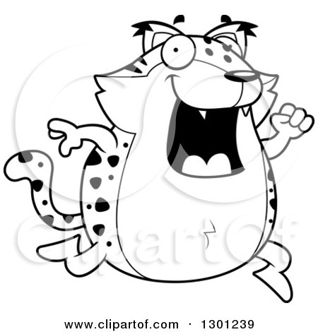 Outline Clipart of a Cartoon Black and White Chubby Bobcat Character Running - Royalty Free Lineart Vector Illustration by Cory Thoman