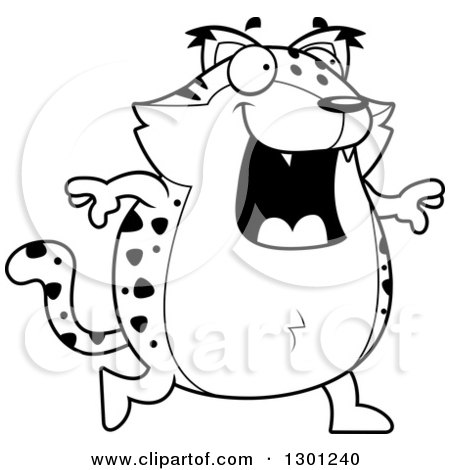 Outline Clipart of a Cartoon Black and White Happy Chubby Bobcat Character Walking - Royalty Free Lineart Vector Illustration by Cory Thoman