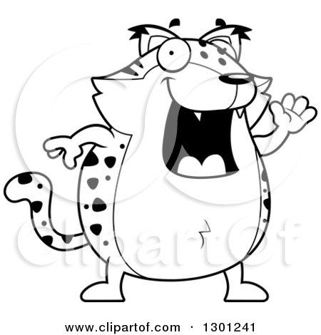 Outline Clipart of a Cartoon Black and White Happy Friendly Chubby Bobcat Character Waving - Royalty Free Lineart Vector Illustration by Cory Thoman