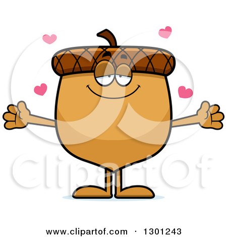 Clipart of a Cartoon Loving Acorn Character with Open Arms and Hearts - Royalty Free Vector Illustration by Cory Thoman