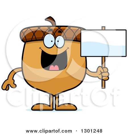 Clipart of a Cartoon Happy Acorn Character Holding a Blank Sign - Royalty Free Vector Illustration by Cory Thoman