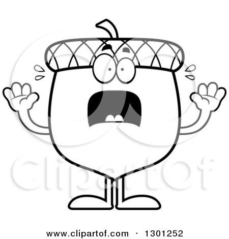 Outline Clipart of a Cartoon Black and White Scared Acorn Character Screaming - Royalty Free Lineart Vector Illustration by Cory Thoman
