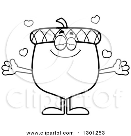 Outline Clipart of a Cartoon Black and White Loving Acorn Character with Open Arms and Hearts - Royalty Free Lineart Vector Illustration by Cory Thoman