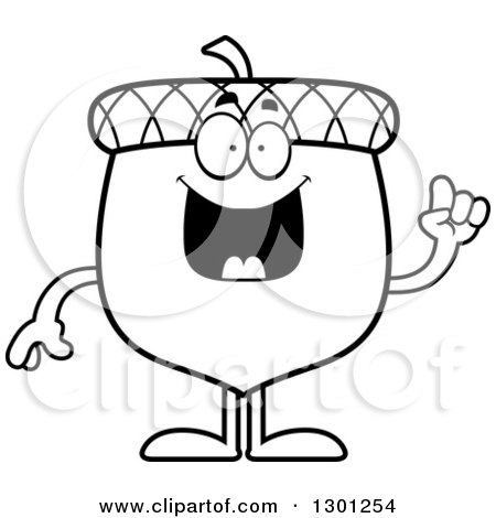 Outline Clipart of a Cartoon Black and White Happy Smart Acorn Character with an Idea - Royalty Free Lineart Vector Illustration by Cory Thoman