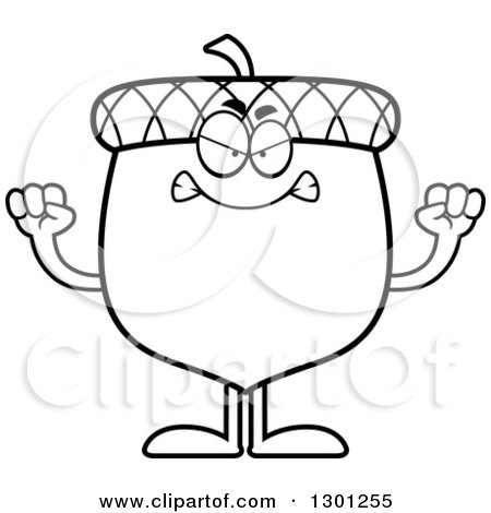 Outline Clipart of a Cartoon Black and White Mad Angry Acorn Character Waving His Fists - Royalty Free Lineart Vector Illustration by Cory Thoman
