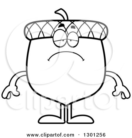Outline Clipart of a Cartoon Black and White Sad Depressed Acorn Character - Royalty Free Lineart Vector Illustration by Cory Thoman