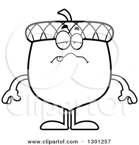 Outline Clipart of a Cartoon Black and White Sick or Drunk Acorn Character - Royalty Free Lineart Vector Illustration by Cory Thoman