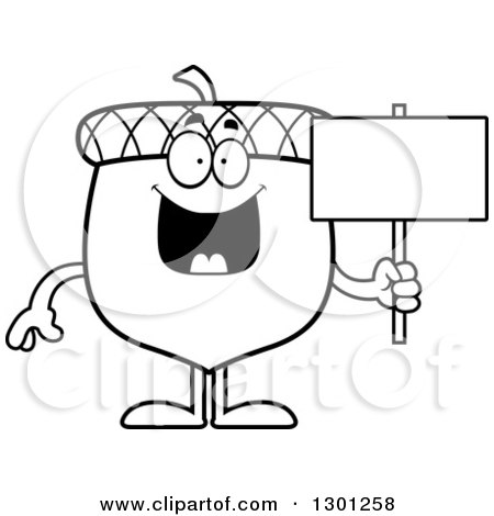 Outline Clipart of a Cartoon Black and White Happy Acorn Character Holding a Blank Sign - Royalty Free Lineart Vector Illustration by Cory Thoman