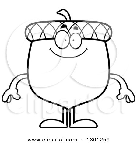 Outline Clipart of a Cartoon Black and White Happy Acorn Character Smiling - Royalty Free Lineart Vector Illustration by Cory Thoman