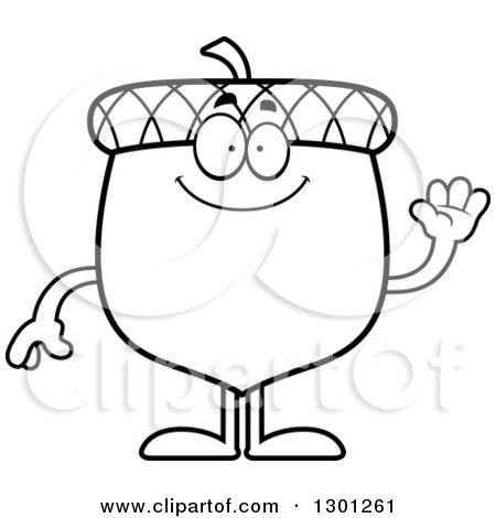 Outline Clipart of a Cartoon Black and White Happy Acorn Character Waving - Royalty Free Lineart Vector Illustration by Cory Thoman