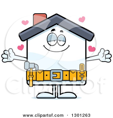 Clipart of a Cartoon Loving Home Improvement House Character Wanting a Hug, with Hearts - Royalty Free Vector Illustration by Cory Thoman