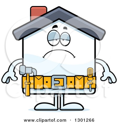 Clipart of a Cartoon Sad Depressed Home Improvement House Character - Royalty Free Vector Illustration by Cory Thoman
