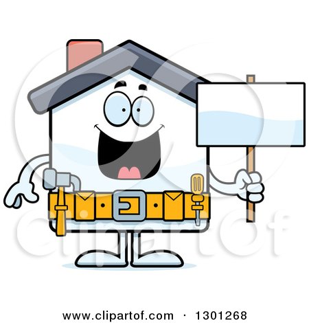 Clipart of a Cartoon Happy Home Improvement House Character Holding a Blank Sign - Royalty Free Vector Illustration by Cory Thoman