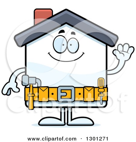 Clipart of a Cartoon Friendly Home Improvement House Character Waving - Royalty Free Vector Illustration by Cory Thoman