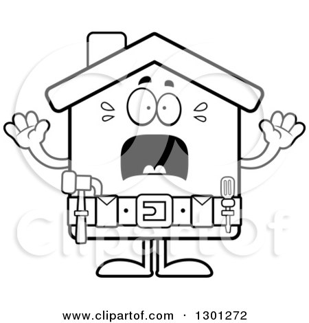 Outline Clipart of a Cartoon Black and White Scared Screaming Home Improvement House Character - Royalty Free Lineart Vector Illustration by Cory Thoman