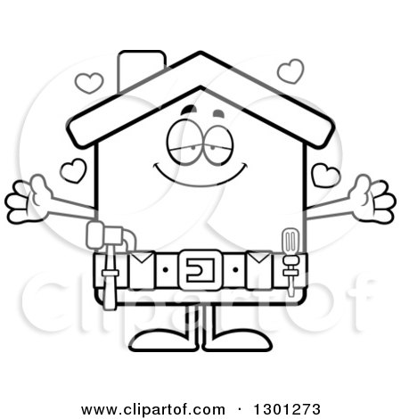 Outline Clipart of a Cartoon Black and White Loving Home Improvement House Character Wanting a Hug, with Hearts - Royalty Free Lineart Vector Illustration by Cory Thoman
