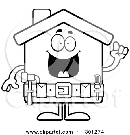 Outline Clipart of a Cartoon Black and White Happy Smart Home Improvement House Character with an Idea - Royalty Free Lineart Vector Illustration by Cory Thoman