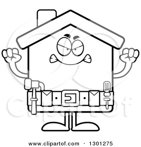 Outline Clipart of a Cartoon Black and White Angry Mad Home Improvement House Character Waving Fists - Royalty Free Lineart Vector Illustration by Cory Thoman