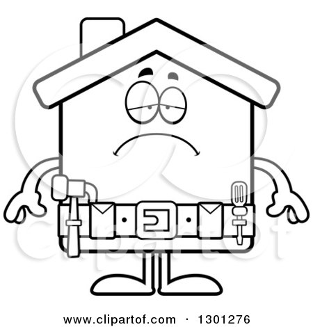 Outline Clipart of a Cartoon Black and White Sad Depressed Home Improvement House Character - Royalty Free Lineart Vector Illustration by Cory Thoman