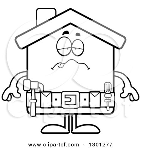 Outline Clipart of a Cartoon Black and White Sick or Drunk Home Improvement House Character - Royalty Free Lineart Vector Illustration by Cory Thoman