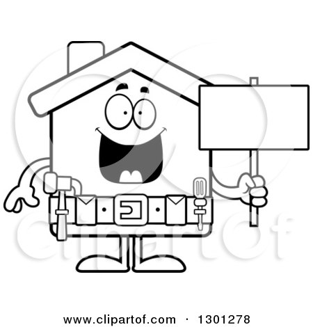 Outline Clipart of a Cartoon Black and White Happy Home Improvement House Character Holding a Blank Sign - Royalty Free Lineart Vector Illustration by Cory Thoman