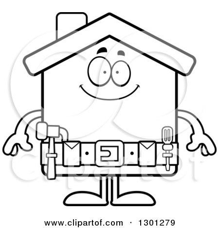 Outline Clipart of a Cartoon Black and White Happy Home Improvement House Character Smiling - Royalty Free Lineart Vector Illustration by Cory Thoman