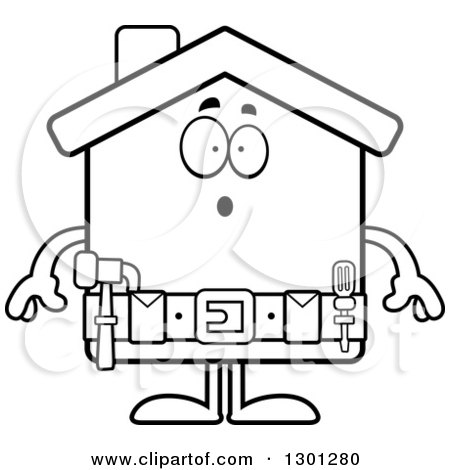 Outline Clipart of a Cartoon Black and White Surprised Gasping Home Improvement House Character - Royalty Free Lineart Vector Illustration by Cory Thoman