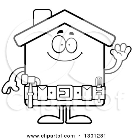 Outline Clipart of a Cartoon Black and White Friendly Home Improvement House Character Waving - Royalty Free Lineart Vector Illustration by Cory Thoman