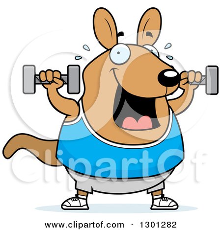 Clipart of a Cartoon Chubby Wallaby Working out with Dumbbells - Royalty Free Vector Illustration by Cory Thoman