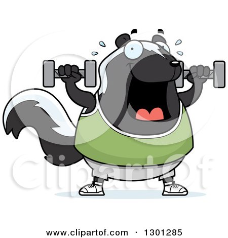 Clipart of a Cartoon Chubby Skunk Working out with Dumbbells - Royalty Free Vector Illustration by Cory Thoman