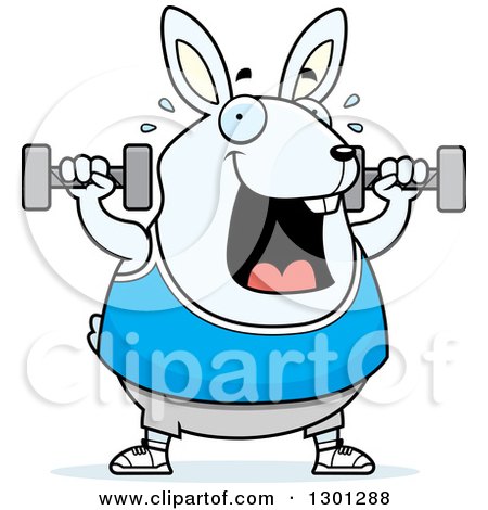 Clipart of a Cartoon Chubby White Rabbit Working out with Dumbbells - Royalty Free Vector Illustration by Cory Thoman