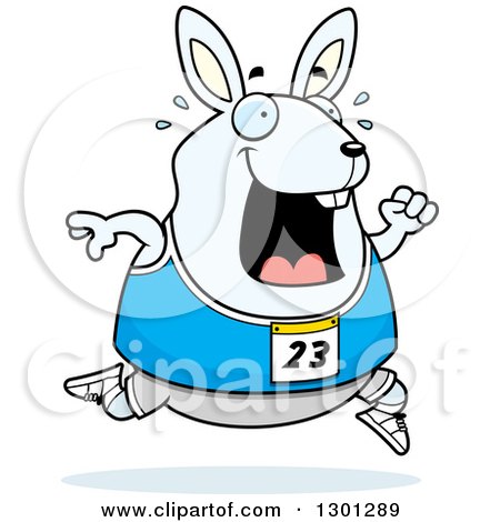 Clipart of a Cartoon Sweaty Chubby White Rabbit Running a Track and Field Race - Royalty Free Vector Illustration by Cory Thoman
