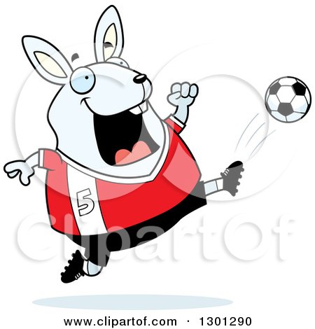 Clipart of a Cartoon Chubby White Rabbit Kicking a Soccer Ball - Royalty Free Vector Illustration by Cory Thoman