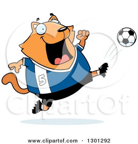 Clipart of a Cartoon Chubby Cat Kicking a Soccer Ball - Royalty Free Vector Illustration by Cory Thoman