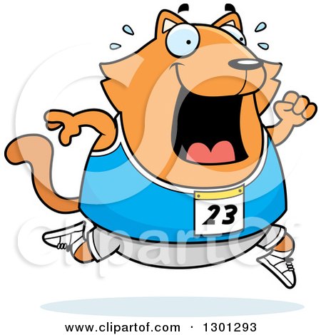 Clipart of a Cartoon Sweaty Chubby Ginger Cat Running a Track and Field Race - Royalty Free Vector Illustration by Cory Thoman