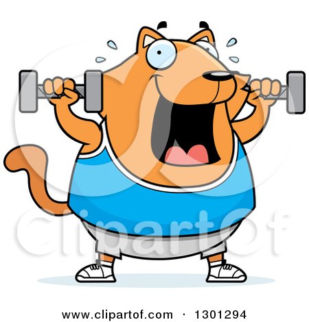 Clipart of a Cartoon Chubby Ginger Cat Working out with Dumbbells - Royalty Free Vector Illustration by Cory Thoman