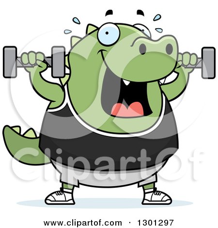 Clipart of a Cartoon Chubby Green Lizard Working out with Dumbbells - Royalty Free Vector Illustration by Cory Thoman
