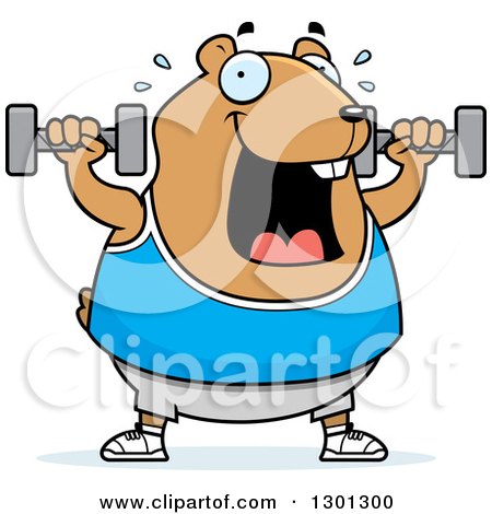 Clipart of a Cartoon Chubby Hamster Working out with Dumbbells - Royalty Free Vector Illustration by Cory Thoman