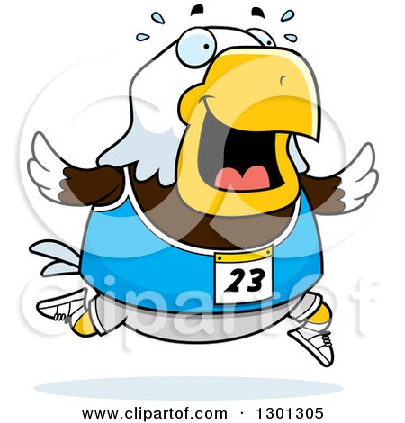 Clipart of a Cartoon Sweaty Chubby Bald Eagle Bird Running a Track and Field Race - Royalty Free Vector Illustration by Cory Thoman