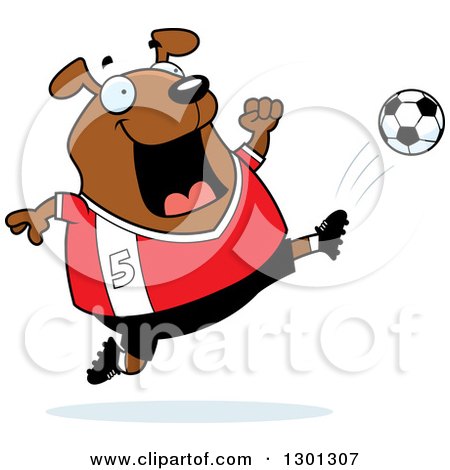 Clipart of a Cartoon Chubby Brown Dog Kicking a Soccer Ball - Royalty Free Vector Illustration by Cory Thoman