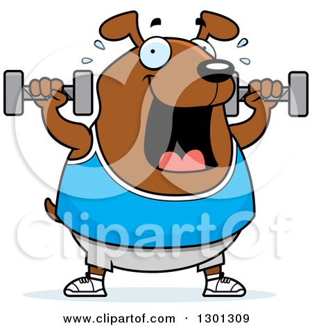 Clipart of a Cartoon Chubby Brown Dog Working out with Dumbbells - Royalty Free Vector Illustration by Cory Thoman