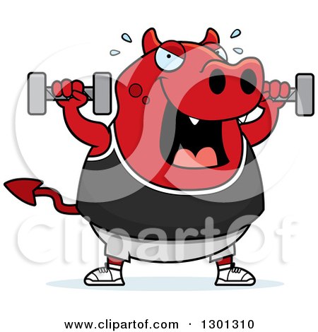 Clipart of a Cartoon Chubby Red Devil Working out with Dumbbells - Royalty Free Vector Illustration by Cory Thoman