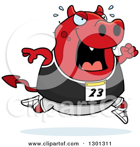 Clipart of a Cartoon Sweaty Chubby Red Devil Running a Track and Field Race - Royalty Free Vector Illustration by Cory Thoman