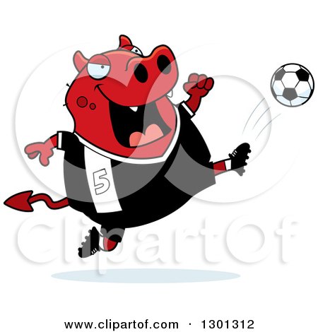 Clipart of a Cartoon Chubby Red Devil Kicking a Soccer Ball - Royalty Free Vector Illustration by Cory Thoman