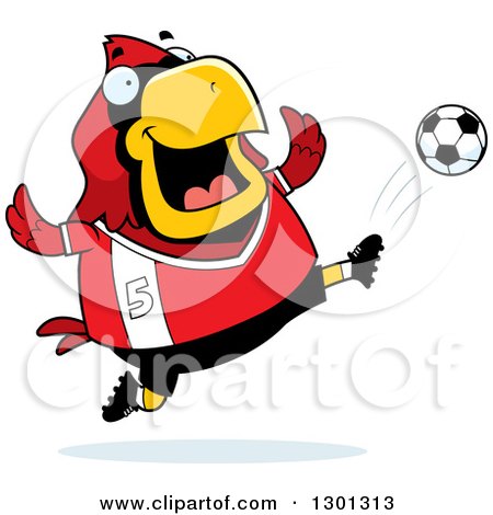 Clipart of a Cartoon Chubby Red Cardinal Bird Kicking a Soccer Ball - Royalty Free Vector Illustration by Cory Thoman