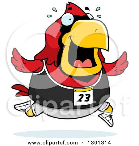 Clipart of a Cartoon Sweaty Chubby Red Cardinal Bird Running a Track and Field Race - Royalty Free Vector Illustration by Cory Thoman